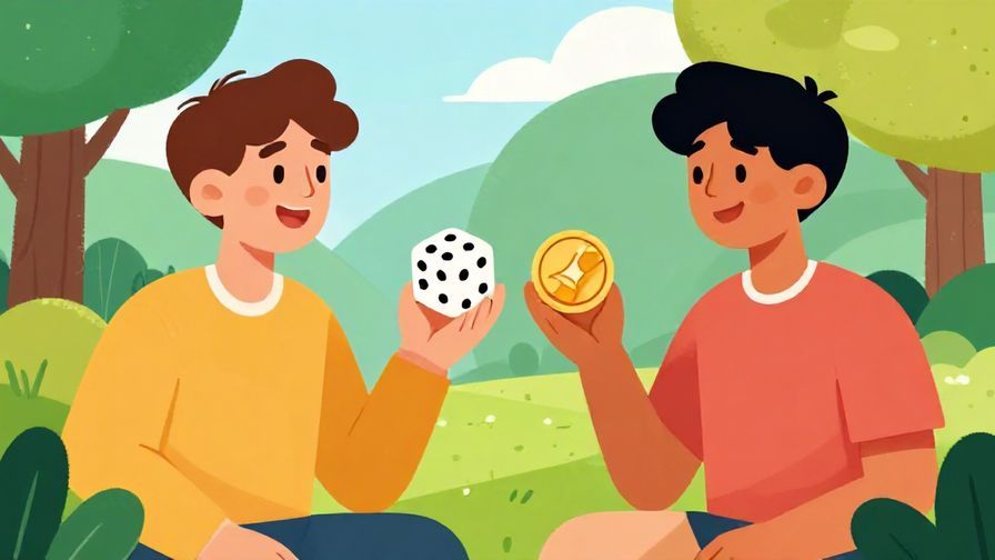 Illustration%20of%20a%20friendly%20chat%20between%20two%20people%20holding%20dice%20and%20a%20coin%20in%20a%20colorful%20park%2C%20vibrant%20colors%2C%20illustrated%20style