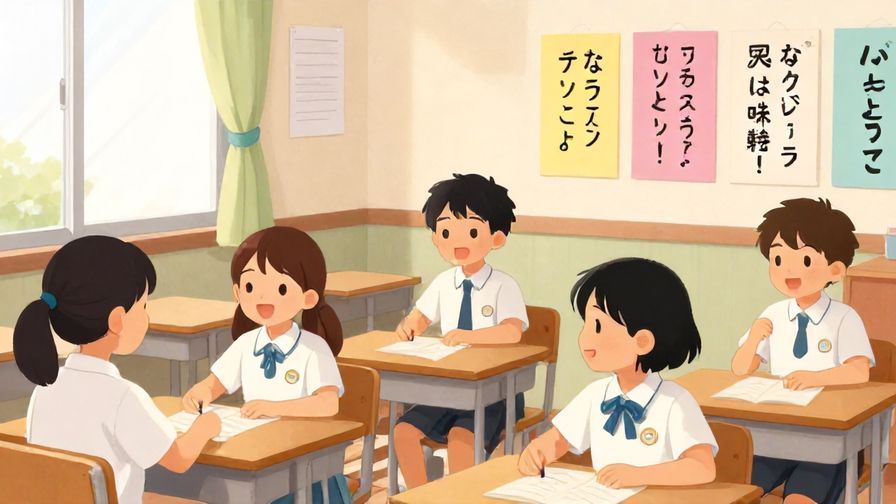 Illustration%20of%20a%20friendly%20classroom%20scene%2C%20students%20practicing%20Japanese%20phrases%2C%20colorful%20posters%20with%20Japanese%20characters%20on%20the%20wall%2C%20warm%20lighting%2C%20illustrated%20style