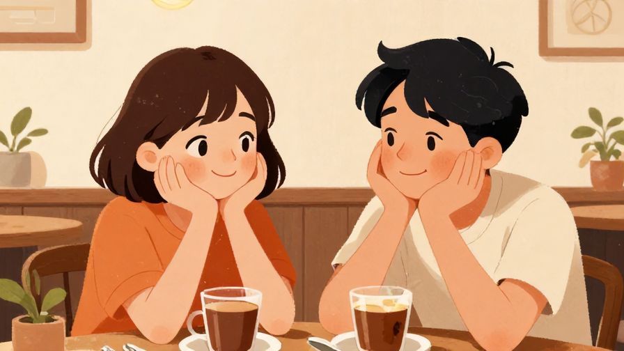 Illustration%20of%20a%20friendly%20conversation%20between%20two%20people%20in%20a%20cozy%20cafe%2C%20one%20person%20smiling%20and%20nodding%20while%20the%20other%20looks%20a%20bit%20nervous%20but%20happy.%20Warm%20colors%2C%20illustrated%20style