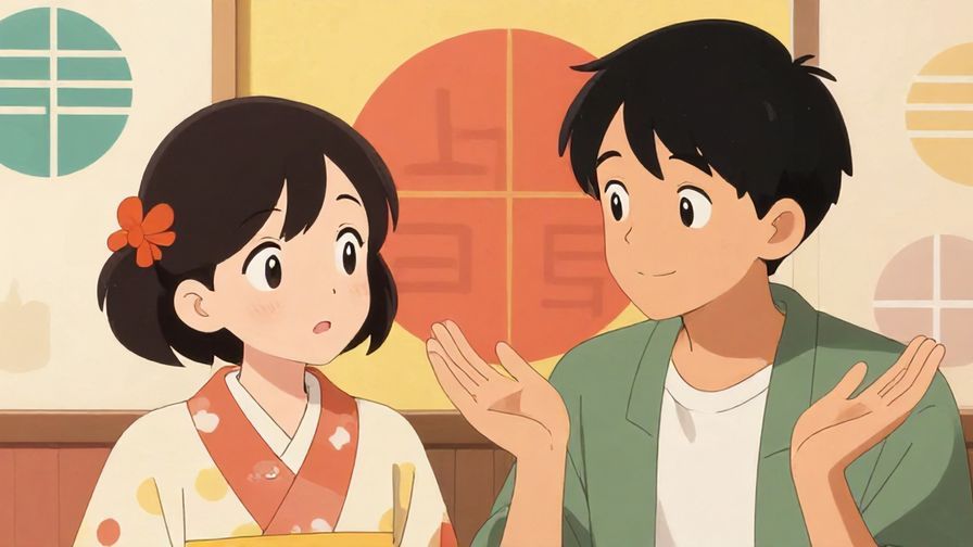 Illustration%20of%20a%20friendly%20conversation%20between%20two%20people%2C%20one%20looking%20curious%20and%20the%20other%20shrugging%20with%20a%20gentle%20smile%2C%20colorful%20background%20with%20Japanese%20cultural%20elements%2C%20illustrated%20style