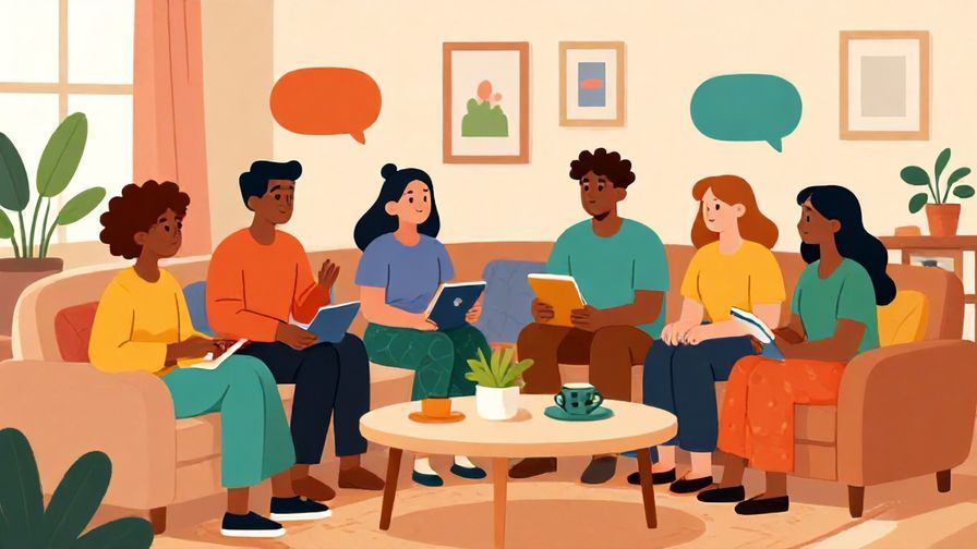 Illustration%20of%20a%20friendly%20group%20chatting%20in%20a%20cozy%20living%20room%20setting%2C%20with%20speech%20bubbles%20implied%20by%20body%20language%2C%20vibrant%20colors%2C%20illustrated%20style