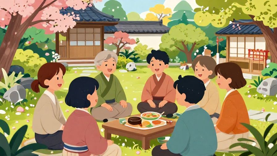 Illustration%20of%20a%20friendly%20group%20chatting%20and%20smiling%20in%20a%20colorful%20Japanese%20garden%2C%20vibrant%20colors%2C%20illustrated%20style