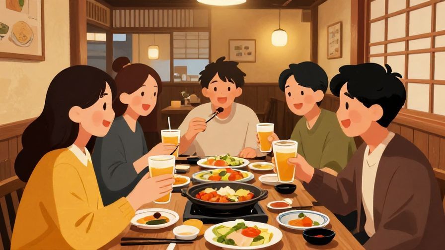 Illustration%20of%20a%20friendly%20group%20sharing%20food%20and%20drinks%20at%20a%20table%2C%20warm%20lighting%2C%20detailed%20background%20of%20a%20cozy%20Japanese%20restaurant%2C%20vibrant%20colors%2C%20illustrated%20style