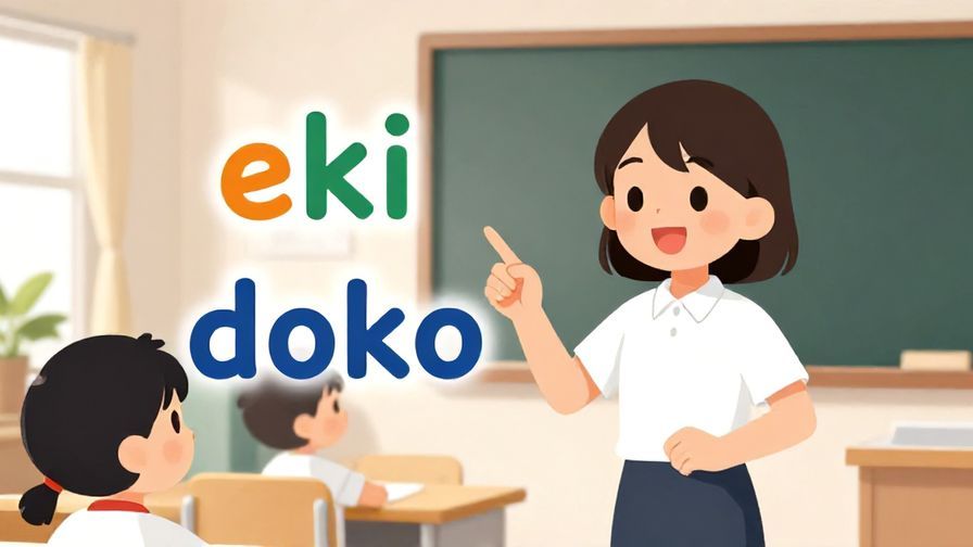Illustration%20of%20a%20friendly%20Japanese%20language%20teacher%20pointing%20to%20floating%20words%20%E2%80%9Ceki%E2%80%9D%20and%20%E2%80%9Cdoko%E2%80%9D%20with%20a%20playful%20classroom%20background%2C%20vibrant%20colors%2C%20illustrated%20style
