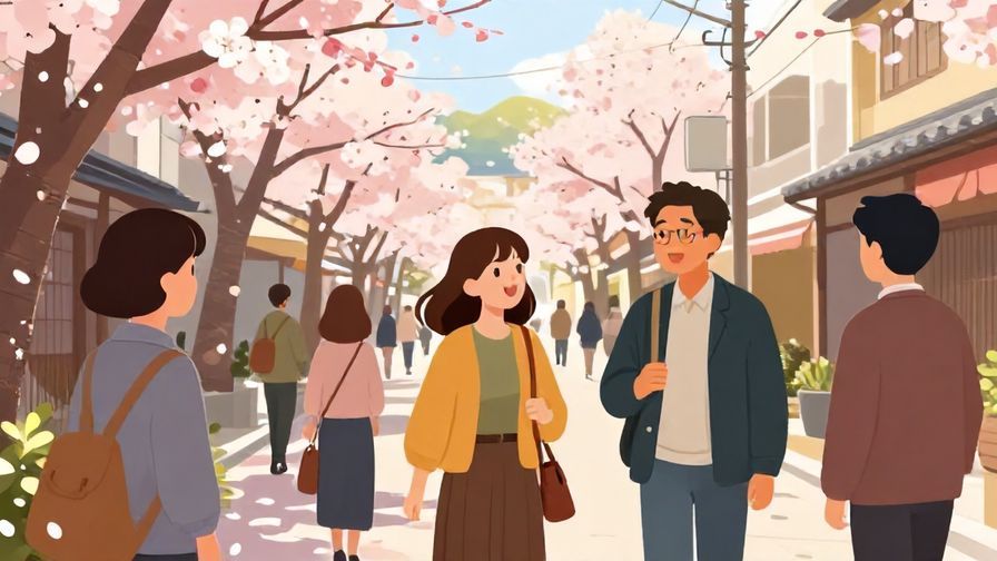 Illustration%20of%20a%20friendly%20Japanese%20street%20scene%20with%20people%20smiling%20and%20chatting%2C%20a%20soft%20background%20with%20cherry%20blossoms%20and%20sunlight%2C%20vibrant%20colors%2C%20illustrated%20style
