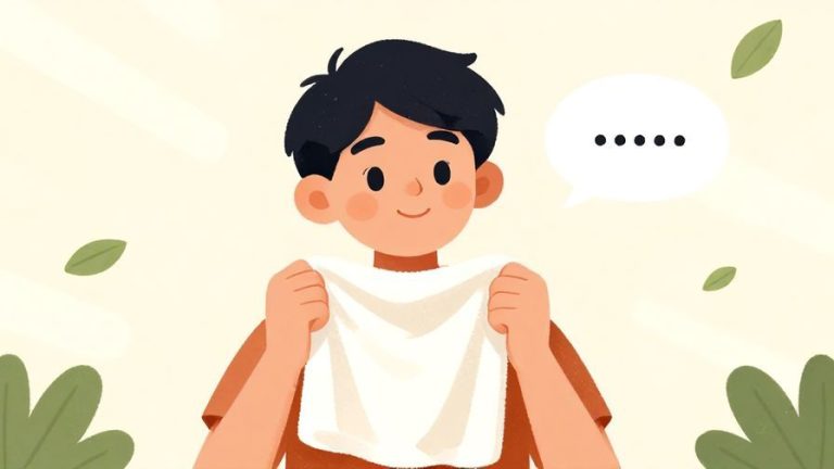 Illustration%20of%20a%20friendly%20person%20holding%20a%20used%20towel%2C%20looking%20hopeful%20with%20a%20speech%20bubble%20indicating%20a%20request%2C%20soft%20background%20with%20floating%20leaves%20and%20light%20rays%2C%20illustrated%20style