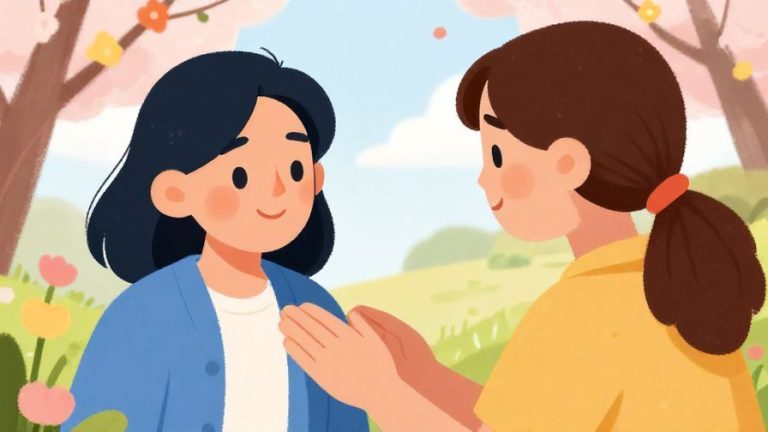 Illustration%20of%20a%20friendly%20person%20reassuring%20a%20friend%20with%20a%20gentle%20smile%20and%20soft%20hand%20gesture%2C%20spring%20flowers%20in%20the%20background%2C%20vibrant%20colors%2C%20illustrated%20style