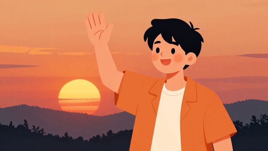 Illustration%20of%20a%20friendly%20person%20waving%20at%20sunset%2C%20vibrant%20colors%2C%20illustrated%20style