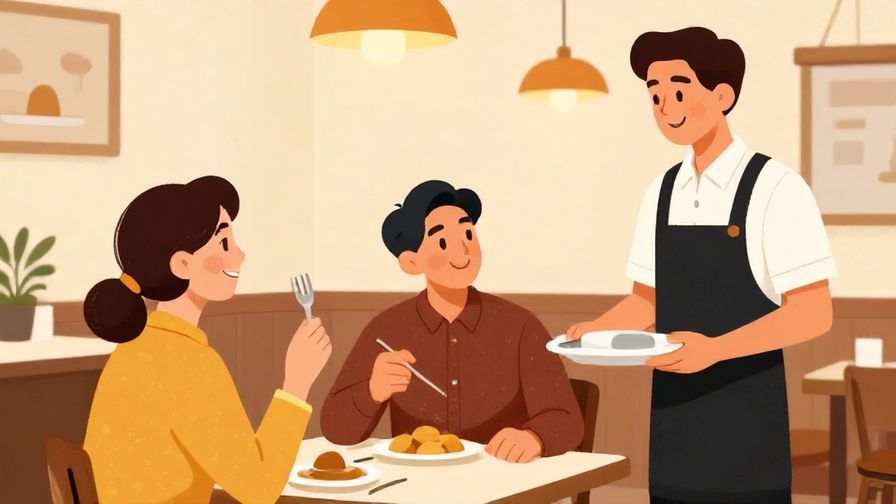 Illustration%20of%20a%20friendly%20restaurant%20scene%2C%20a%20customer%20smiling%20and%20speaking%20to%20a%20waiter%20in%20a%20warm%20interior%2C%20vibrant%20colors%2C%20illustrated%20style