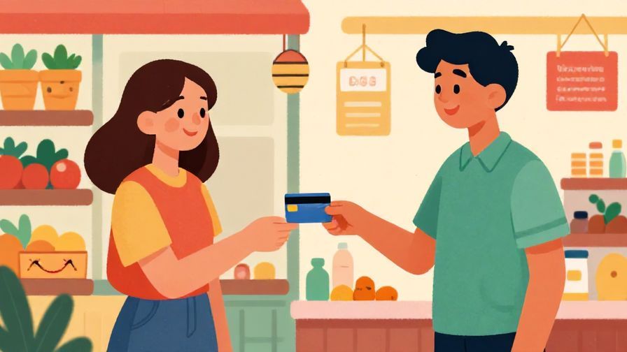 Illustration%20of%20a%20friendly%20shop%20scene%20with%20two%20people%20exchanging%20a%20credit%20card%20and%20smiling%2C%20colorful%20market%20background%2C%20vibrant%20colors%2C%20illustrated%20style