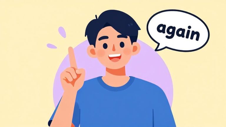 Illustration%20of%20a%20friendly%20young%20person%20smiling%20and%20gesturing%20“again”%20with%20a%20finger%20pointing%20up%2C%20colorful%20background%20with%20speech%20bubble%20illustration