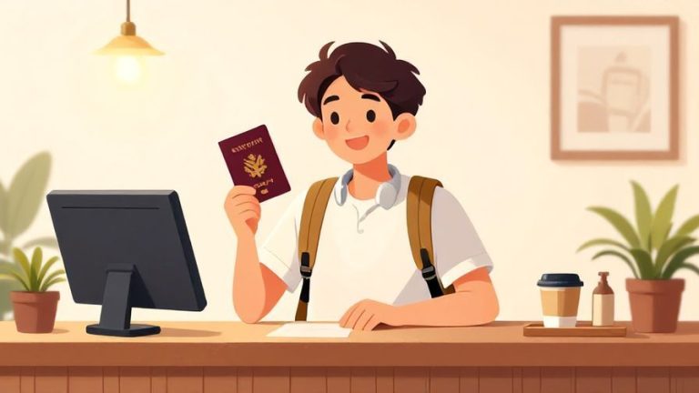 Illustration%20of%20a%20friendly%20young%20traveler%20holding%20a%20passport%20and%20smiling%20at%20a%20hotel%20desk%2C%20bright%20warm%20colors%2C%20illustrated%20style