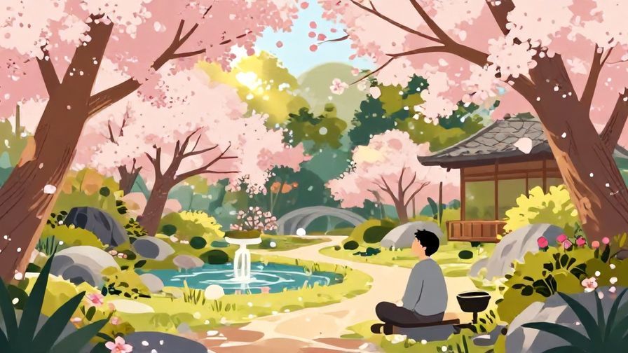 Illustration%20of%20a%20gentle%20Japanese%20garden%20scene%20with%20cherry%20blossoms%2C%20soft%20sunlight%2C%20and%20a%20person%20reflecting%20peacefully%2C%20vibrant%20colors%2C%20illustrated%20style