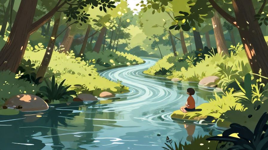 Illustration%20of%20a%20gentle%20river%20flowing%20through%20a%20calm%20forest%2C%20soft%20sunlight%20filtering%20through%20leaves%2C%20with%20a%20peaceful%20character%20sitting%20by%20the%20water%20reflecting%2C%20detailed%20background%2C%20vibrant%20colors%2C%20illustrated%20style