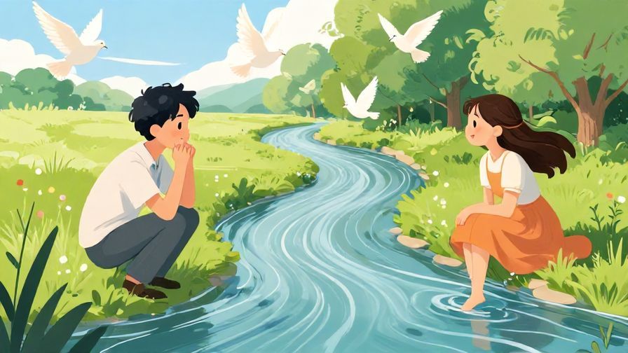 Illustration%20of%20a%20gentle%20scene%20with%20two%20people%20separated%20by%20a%20soft%20river%20flowing%20between%20them%2C%20doves%20flying%20above%2C%20vibrant%20colors%2C%20illustrated%20style