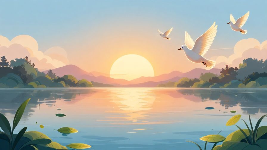 Illustration%20of%20a%20gentle%20sunrise%20over%20a%20calm%20lake%20with%20floating%20leaves%20and%20soft%20doves%20in%20flight%2C%20detailed%20background%2C%20vibrant%20colors%2C%20illustrated%20style