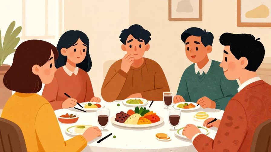 Illustration%20of%20a%20group%20dinner%20where%20one%20person%20looks%20upset%20and%20others%20are%20trying%20to%20stay%20positive%2C%20detailed%20background%2C%20vibrant%20colors%2C%20illustrated%20style