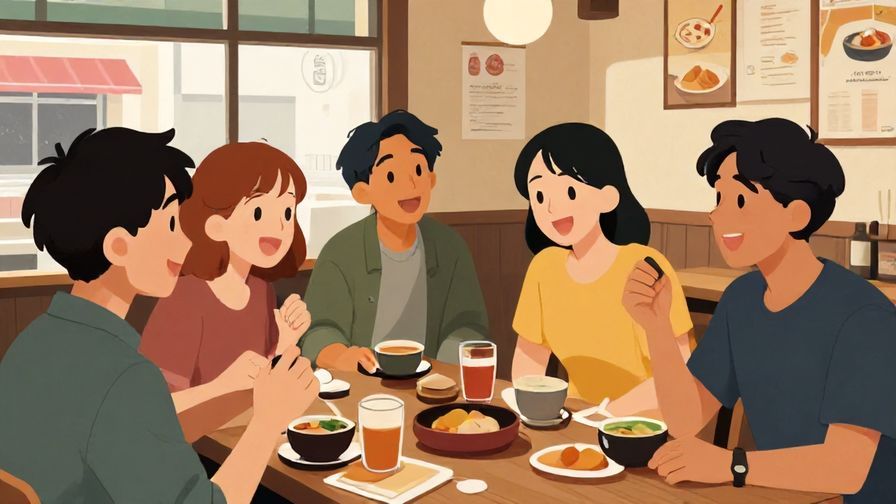 Illustration%20of%20a%20group%20of%20diverse%20people%20smiling%20and%20talking%20animatedly%20in%20a%20bright%20Japanese%20cafe%2C%20detailed%20background%2C%20vibrant%20colors%2C%20illustrated%20style