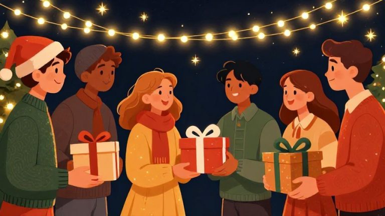 Illustration%20of%20a%20group%20of%20friends%20cheerfully%20exchanging%20gifts%20under%20twinkling%20Christmas%20lights%2C%20warm%20and%20vibrant%20colors%2C%20illustrated%20style