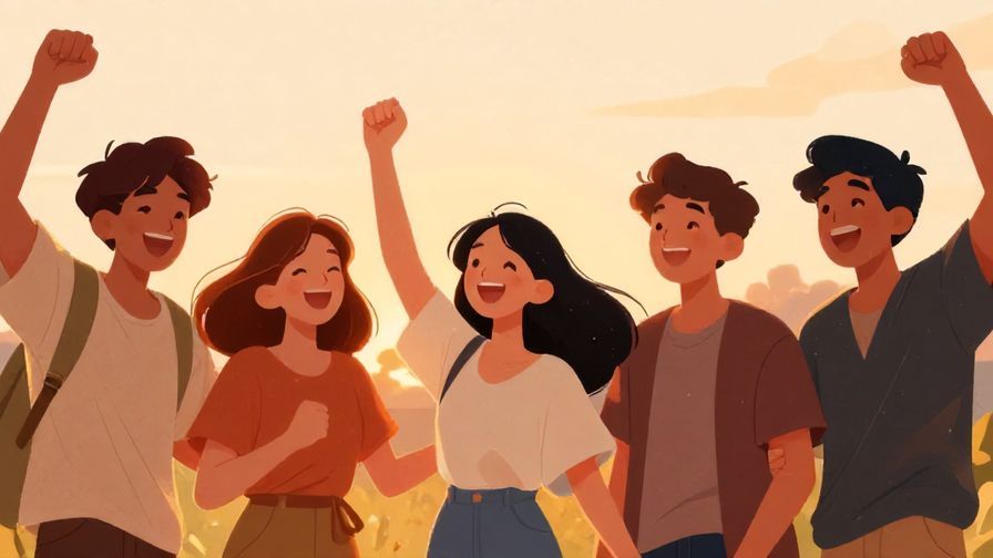 Illustration%20of%20a%20group%20of%20friends%20cheering%20and%20laughing%20together%2C%20sunset%20lighting%2C%20warm%20colors%2C%20illustrated%20style