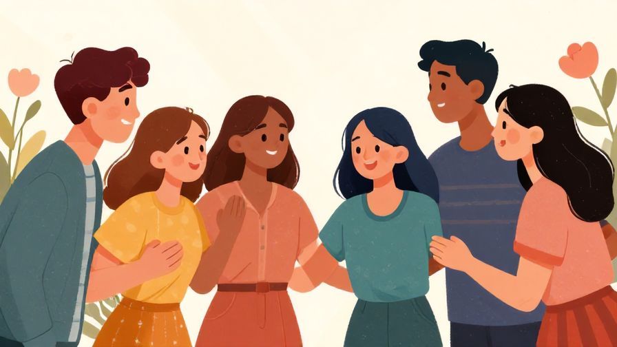 Illustration%20of%20a%20group%20of%20friends%20encouraging%20each%20other%20with%20smiles%20and%20warm%20gestures%2C%20soft%20background%20with%20flowers%20and%20light%20rays%2C%20vibrant%20colors%2C%20illustrated%20style