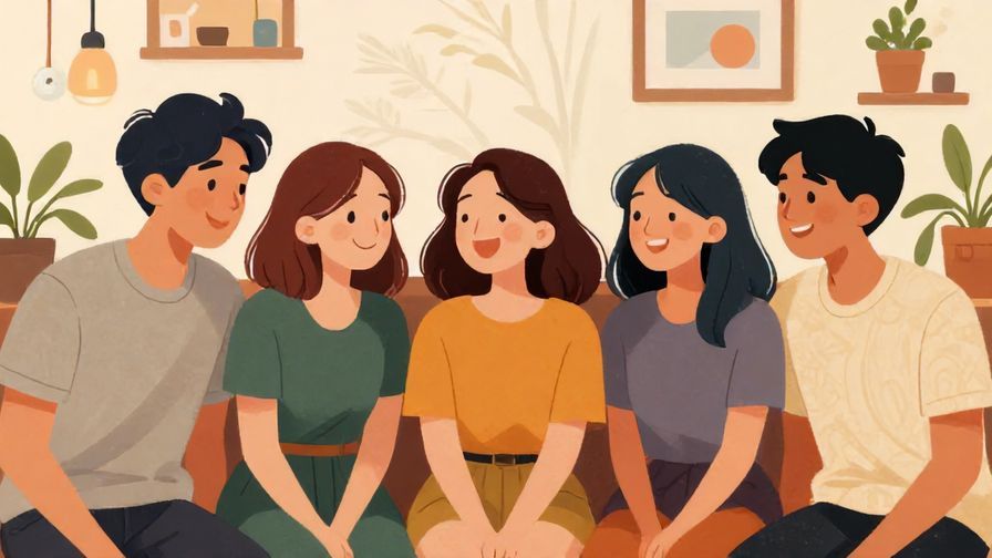 Illustration%20of%20a%20group%20of%20friends%20giggling%20quietly%20together%20in%20a%20cozy%20room%2C%20detailed%20background%2C%20vibrant%20colors%2C%20illustrated%20style
