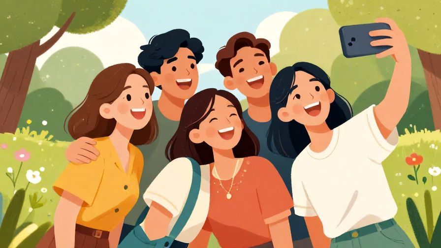 Illustration%20of%20a%20group%20of%20friends%20laughing%20and%20getting%20ready%20to%20take%20a%20selfie%2C%20vibrant%20colors%2C%20park%20background%2C%20illustrated%20style
