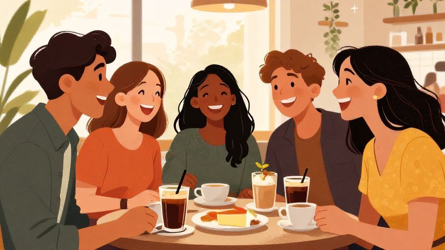 Illustration%20of%20a%20group%20of%20friends%20laughing%20and%20showing%20their%20smiling%20faces%20in%20a%20sunny%20cafe%20setting%2C%20detailed%20background%2C%20vibrant%20colors%2C%20illustrated%20style