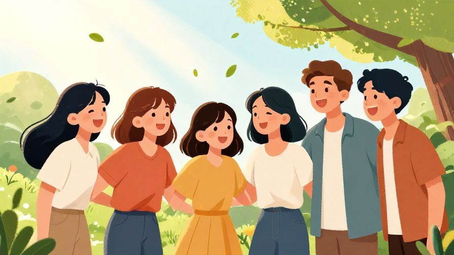 Illustration%20of%20a%20group%20of%20friends%20laughing%20together%20in%20a%20park%20with%20floating%20leaves%20and%20soft%20sun%20rays%20in%20the%20background%2C%20vibrant%20colors%2C%20illustrated%20style