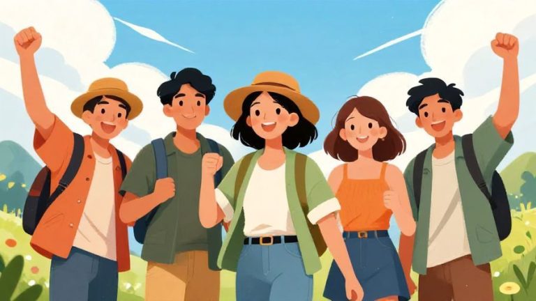 Illustration%20of%20a%20group%20of%20friends%20smiling%20and%20cheering%20as%20they%20begin%20an%20adventure%2C%20bright%20and%20vibrant%20colors%2C%20illustrated%20style