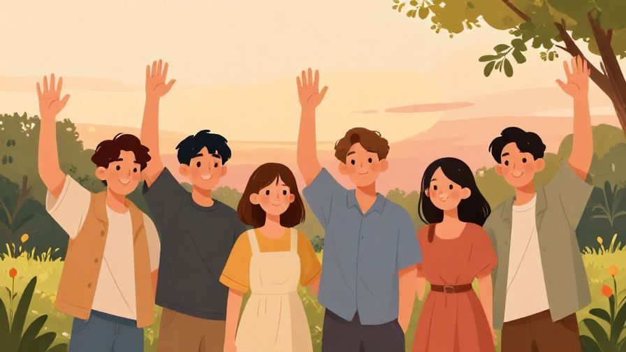 Illustration%20of%20a%20group%20of%20friends%20waving%20goodbye%20at%20sunset%2C%20soft%20warm%20colors%2C%20smiling%20faces%2C%20relaxed%20park%20setting%2C%20illustrated%20style