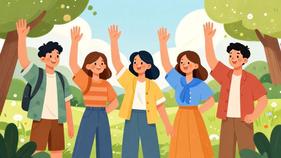 Illustration%20of%20a%20group%20of%20friends%20waving%20cheerfully%20to%20each%20other%20with%20bright%20smiles%20in%20a%20park%20setting%2C%20vibrant%20colors%2C%20illustrated%20style