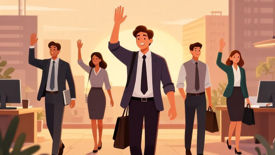 Illustration%20of%20a%20group%20of%20office%20workers%20leaving%20work%20at%20sunset%2C%20smiling%20and%20saying%20goodbye%2C%20warm%20tones
