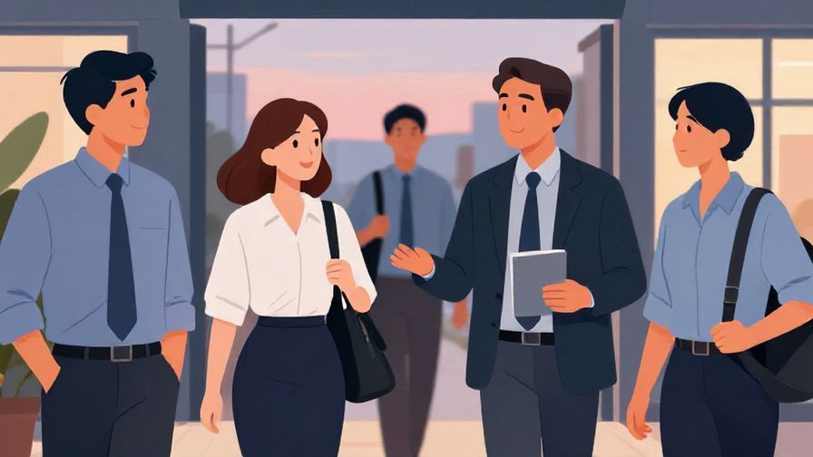 Illustration%20of%20a%20group%20of%20people%20leaving%20work%20together%2C%20smiling%20and%20exchanging%20friendly%20greetings%20at%20dusk.