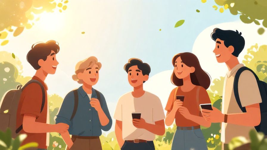 Illustration%20of%20a%20group%20of%20people%20smiling%20and%20chatting%20outdoors%20under%20bright%20sunlight%20with%20sun%20rays%20and%20floating%20leaves%2C%20illustrated%20style