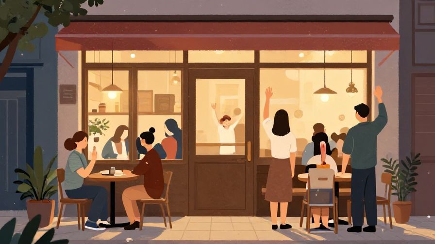 Illustration%20of%20a%20group%20of%20people%20waving%20goodbye%20outside%20a%20cozy%20cafe%20at%20dusk%2C%20warm%20colors%2C%20illustrated%20style