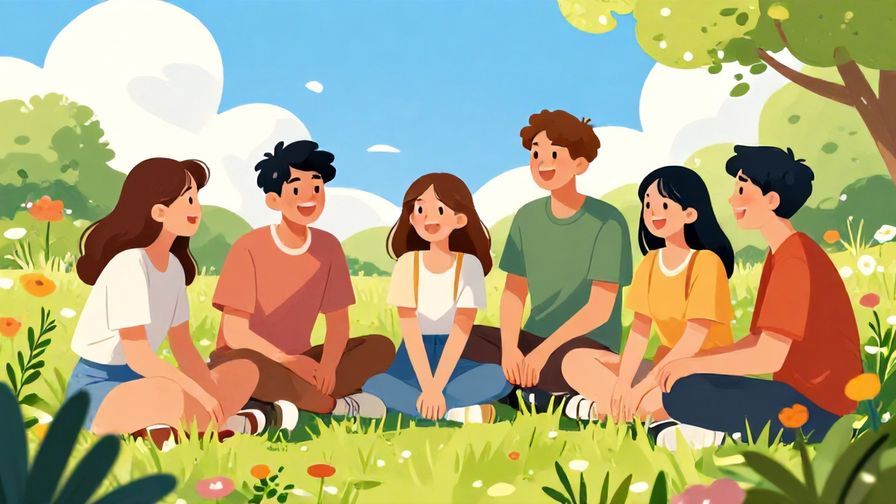Illustration%20of%20a%20group%20of%20young%20people%20laughing%20and%20chatting%20in%20a%20sunny%20park%20with%20vibrant%20flowers%20and%20a%20clear%20blue%20sky%20background%2C%20illustrated%20style%2C%20bright%20colors