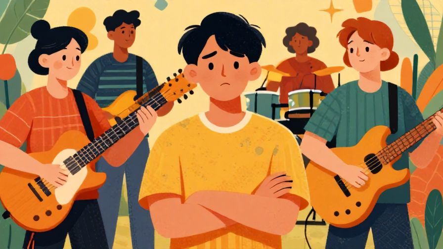 Illustration%20of%20a%20group%20playing%20music%20with%20one%20person%20frowning%20and%20crossing%20their%20arms%2C%20detailed%20background%2C%20vibrant%20colors%2C%20illustrated%20style