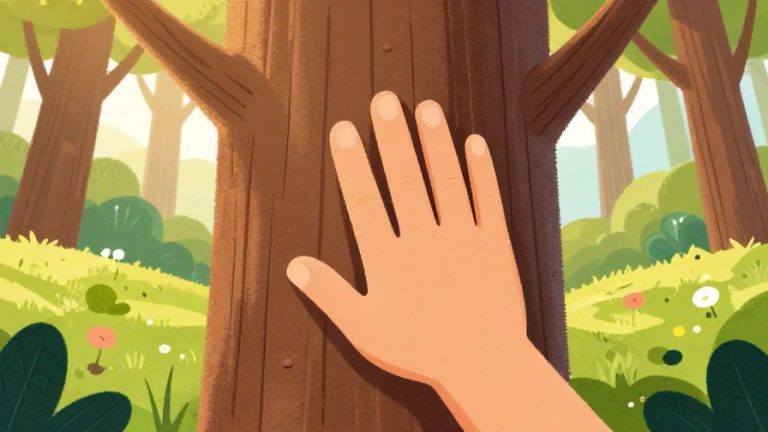 Illustration%20of%20a%20hand%20knocking%20on%20a%20tree%20trunk%20with%20a%20bright%2C%20sunny%20forest%20background.%20Cheerful%20colors%2C%20illustrated%20style