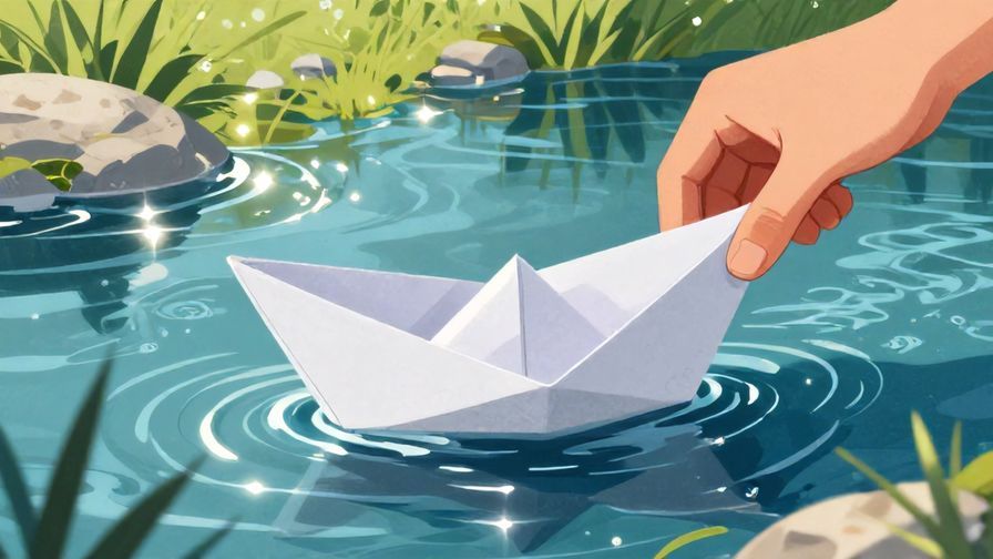 Illustration%20of%20a%20hand%20releasing%20a%20paper%20boat%20into%20a%20flowing%20river%20with%20sunlight%20shimmering%20on%20water%2C%20detailed%20background%2C%20vibrant%20colors%2C%20illustrated%20style