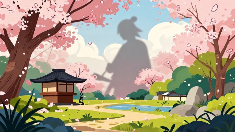 Illustration%20of%20a%20Japanese-style garden%20with%20cherry%20blossoms%20and%20a%20samurai%20shadow%20in%20the%20background%2C%20vibrant%20colors%2C%20illustrated%20style