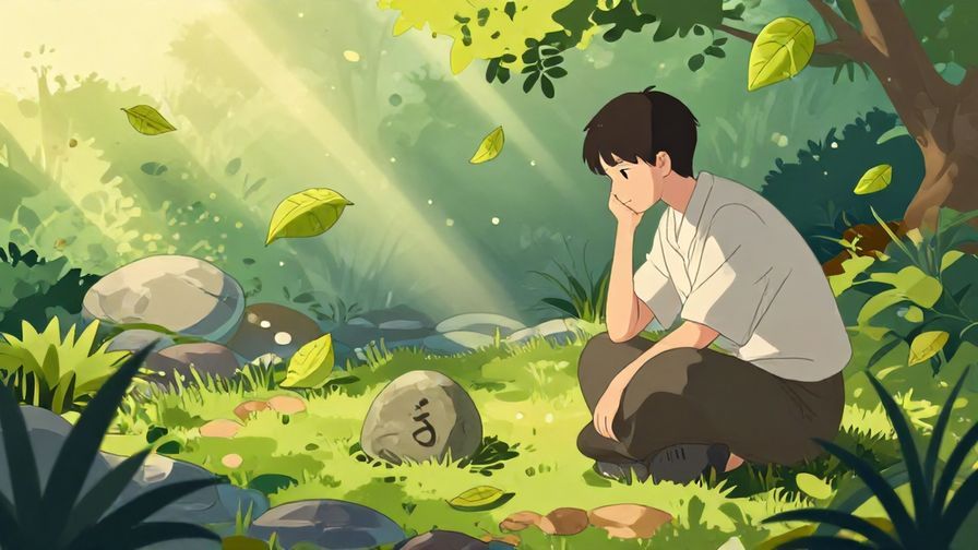 Illustration%20of%20a%20Japanese-style garden%20with%20floating%20leaves%20and%20gentle%20sun%20rays%2C%20a%20person%20looking%20thoughtful%20at%20a%20small%20stone%20with%20a%20mark%20on%20it%2C%20detailed%20background%2C%20vibrant%20colors%2C%20illustrated%20style