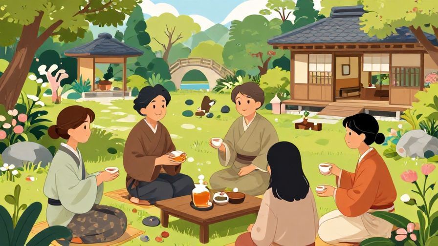 Illustration%20of%20a%20Japanese-style peaceful garden%20with%20people%20smiling%20and%20offering%20tea%20to%20each%20other%2C%20detailed%20background%2C%20vibrant%20colors%2C%20illustrated%20style