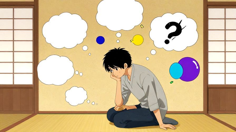 Illustration%20of%20a%20Japanese-style room%20with%20a%20person%20deep%20in%20thought%2C%20surrounded%20by%20floating%20thought%20bubbles%20depicting%20chaos%20and%20confusion%2C%20vibrant%20colors%2C%20illustrated%20style
