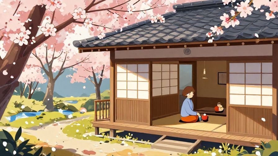 Illustration%20of%20a%20Japanese-style tea house%20with%20soft%20sunlight%20and%20a%20smiling%20person%20amidst%20cherry%20blossoms%2C%20detailed%20background%2C%20vibrant%20colors%2C%20illustrated%20style