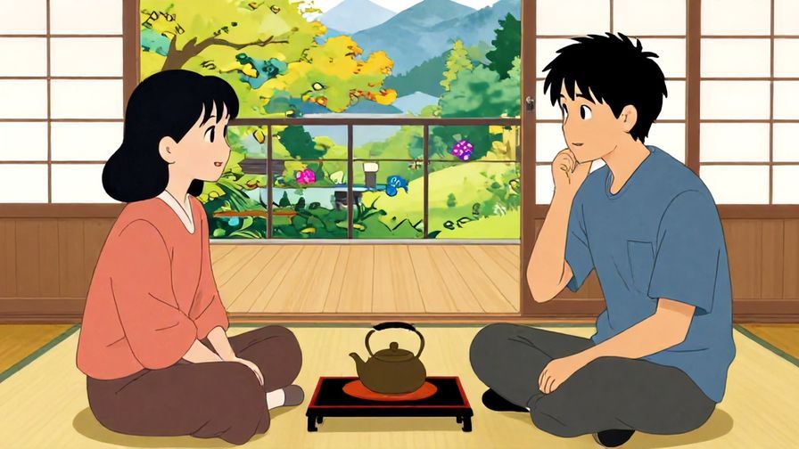 Illustration%20of%20a%20Japanese-style teahouse%20with%20two%20people%20talking%20calmly%20while%20one%20is%20considering%20a%20choice%20with%20a%20thoughtful%20expression.%20Bright%20colors%2C%20detailed%20background%2C%20illustrated%20style