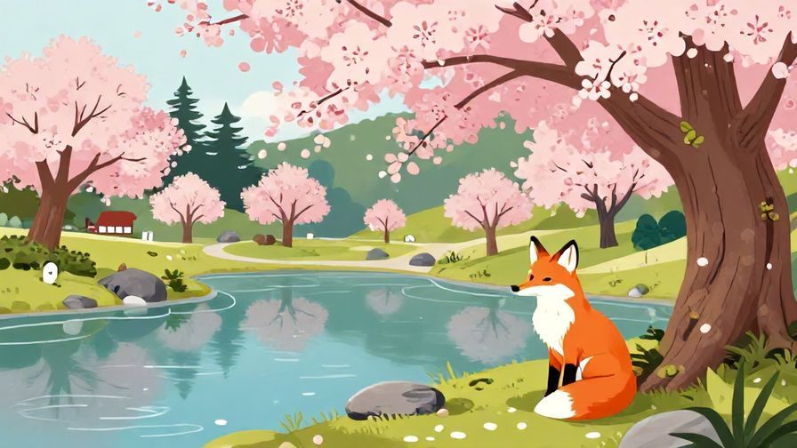 Illustration%20of%20a%20Japanese-style%20garden%20with%20cherry%20blossoms%2C%20a%20calm%20pond%2C%20and%20a%20fox%20sitting%20quietly%20under%20a%20tree%2C%20vibrant%20colors%2C%20illustrated%20style