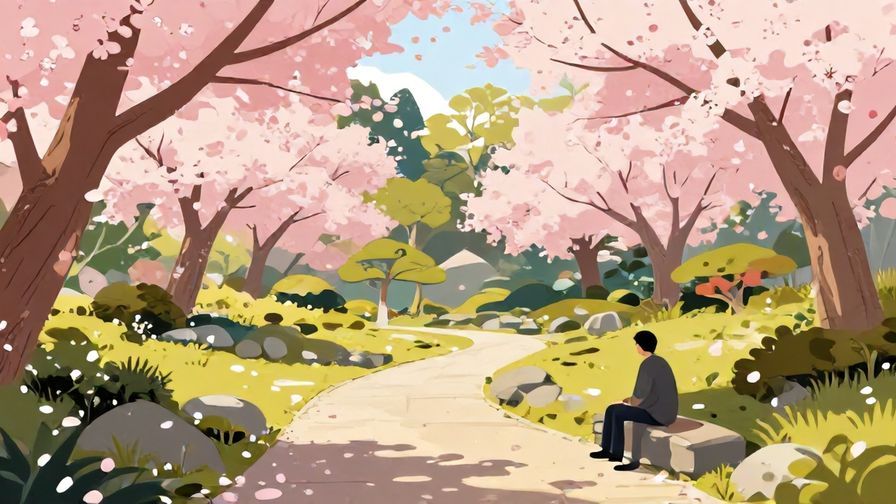 Illustration%20of%20a%20Japanese%20garden%20with%20a%20pathway%20leading%20through%20cherry%20blossoms%2C%20gentle%20sunlight%20filtering%20through%20trees%2C%20and%20a%20person%20pausing%20to%20reflect%20peacefully%2C%20vibrant%20colors%2C%20illustrated%20style
