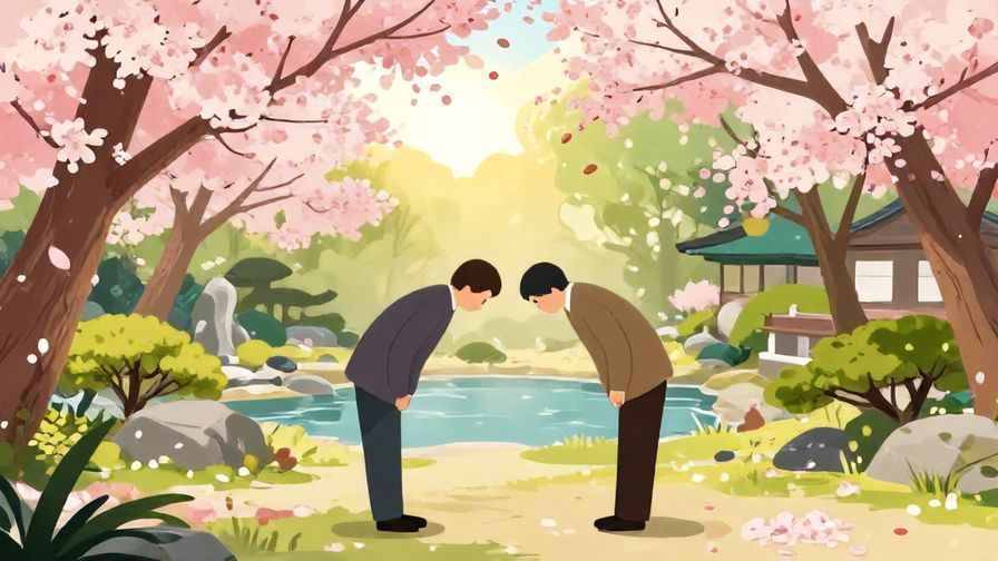 Illustration%20of%20a%20Japanese%20garden%20with%20two%20people%20bowing%20to%20each%20other%20under%20cherry%20blossoms%2C%20gentle%20sunlight%2C%20and%20floating%20leaves%2C%20vibrant%20colors%2C%20illustrated%20style
