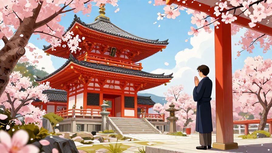 Illustration%20of%20a%20Japanese%20temple%20surrounded%20by%20cherry%20blossoms%2C%20with%20a%20person%20praying%20and%20tapping%20a%20wooden%20pillar.%20Vibrant%20colors%2C%20detailed%20background%2C%20illustrated%20style